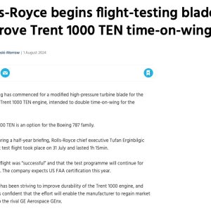 Folge 158: RR begins flight-testing to improve Trent 1000-10 time-on-wing