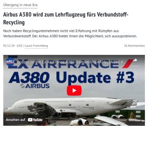 Folge 169: Airbus A380 wird zum Lehrflugzeug fürs Verbundstoff-Recycling