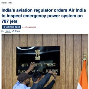 Folge 202: India regulator orders AirIndia to inspect emer-power system