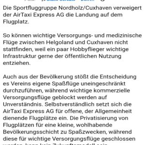 Folge 238: Screenshot FB Posting von AirTaxi Express AG